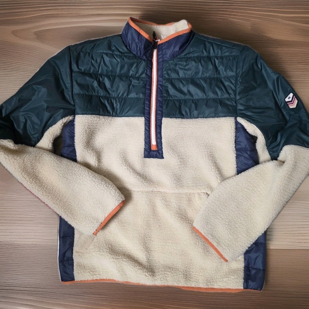 Marine Layer Archive Palisades Anorak Green Natural Sherpa Fleece Half Zip Small